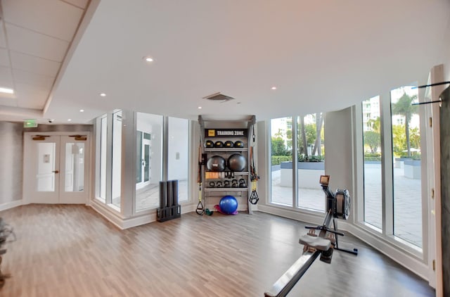 exercise room featuring french doors and hardwood / wood-style floors