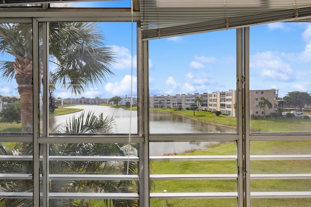 interior space with a water view