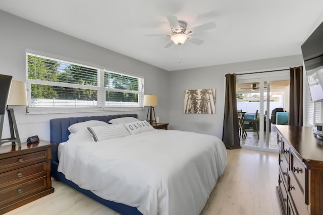 bedroom with ceiling fan, light hardwood / wood-style floors, and access to outside