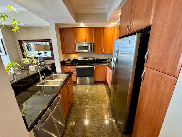 kitchen with appliances with stainless steel finishes, sink, ornamental molding, and a tray ceiling