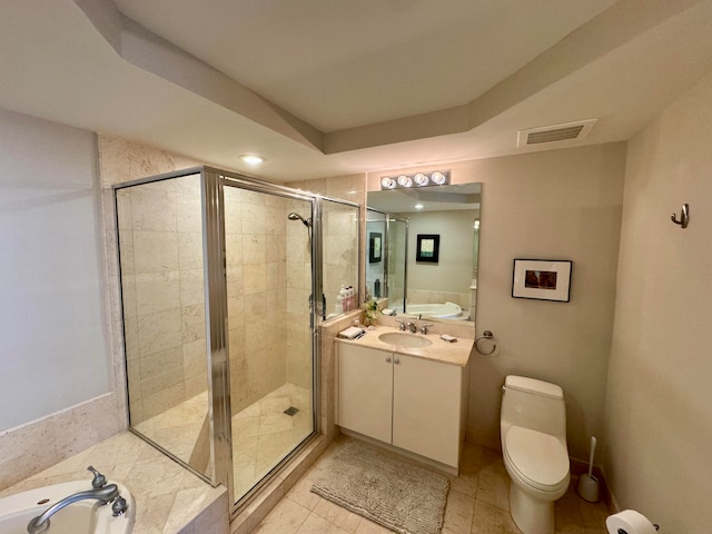 full bathroom with oversized vanity, toilet, tile floors, and plus walk in shower