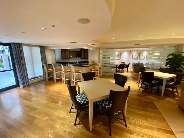 dining room featuring a baseboard heating unit, light hardwood / wood-style floors, and a tray ceiling