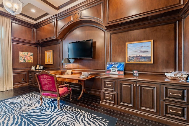 office space with coffered ceiling, wooden walls, and dark wood-type flooring