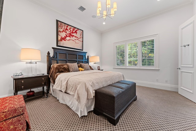 carpeted bedroom with a notable chandelier and ornamental molding