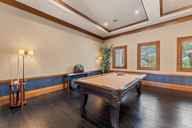 rec room with dark hardwood / wood-style floors and pool table