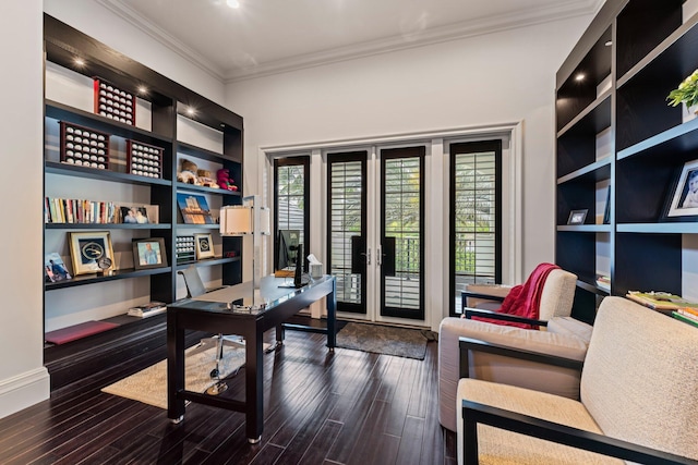 office area with dark hardwood / wood-style floors, built in features, ornamental molding, and french doors