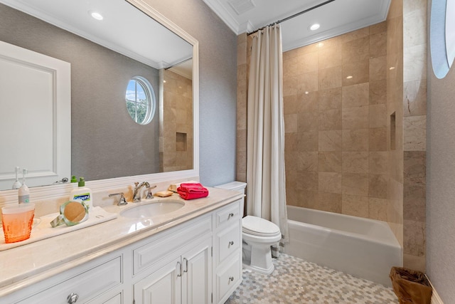 full bathroom featuring crown molding, shower / bathtub combination with curtain, tile floors, vanity, and toilet