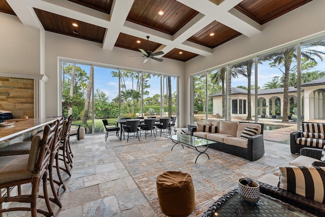 sunroom with a wealth of natural light, wooden ceiling, beamed ceiling, and coffered ceiling