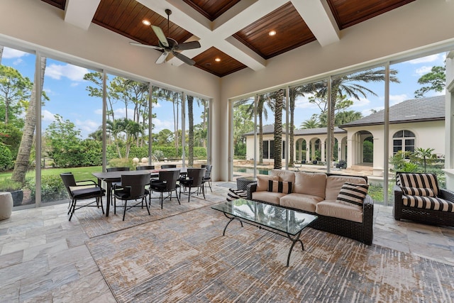 sunroom featuring wooden ceiling, plenty of natural light, and ceiling fan