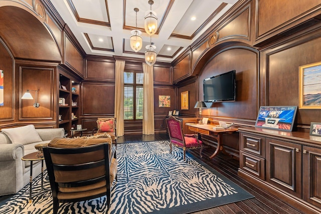 office with ornamental molding, coffered ceiling, wooden walls, and dark hardwood / wood-style flooring