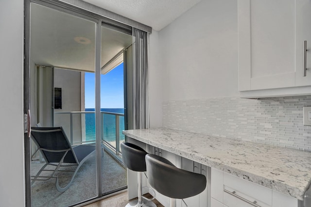 interior space with tasteful backsplash, white cabinets, light stone counters, and a water view