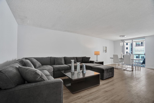 living room featuring wood-type flooring and a textured ceiling