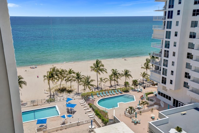 view of water feature with a beach view