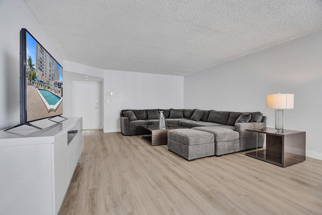 living room featuring light hardwood / wood-style floors and a textured ceiling