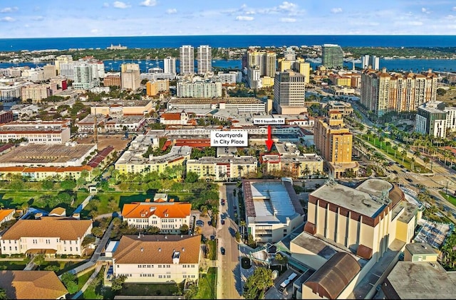 aerial view featuring a water view