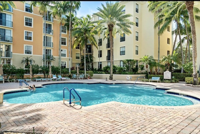 view of swimming pool featuring a patio area