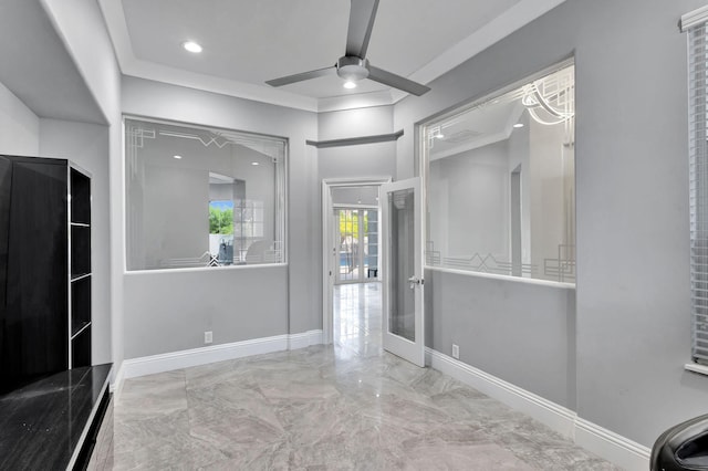 bathroom with ceiling fan, french doors, and ornamental molding