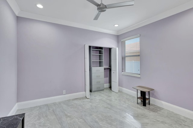 bedroom with ceiling fan and crown molding