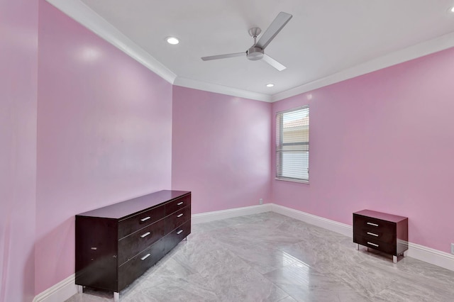 unfurnished bedroom featuring ceiling fan and ornamental molding