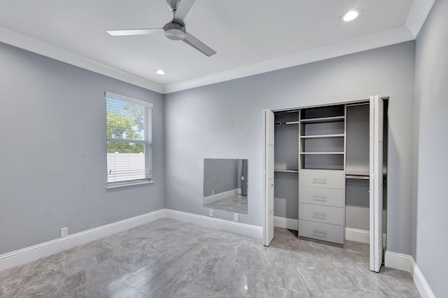 unfurnished bedroom with ceiling fan and crown molding