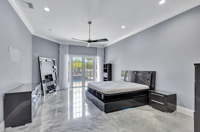 bedroom with ceiling fan, access to exterior, crown molding, and french doors