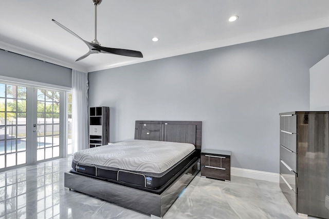 bedroom with access to exterior, ceiling fan, french doors, and ornamental molding