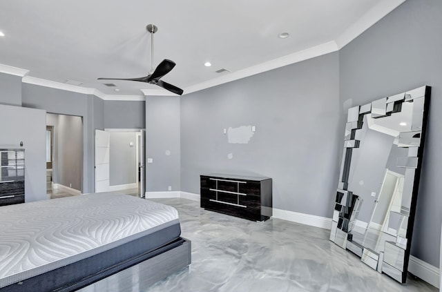 bedroom with concrete flooring, ceiling fan, and crown molding