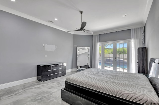 bedroom featuring access to exterior, ceiling fan, french doors, and ornamental molding