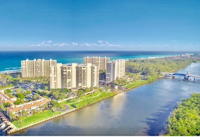 aerial view featuring a water view