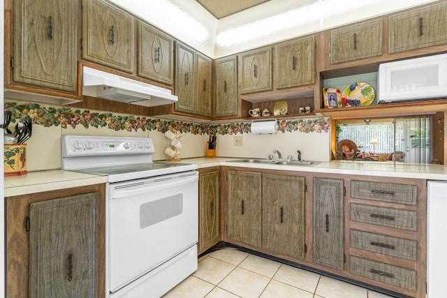 kitchen featuring sink, light tile patterned floors, white electric stove, and kitchen peninsula