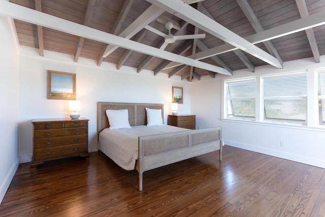 bedroom featuring wood ceiling, vaulted ceiling with beams, and dark hardwood / wood-style flooring