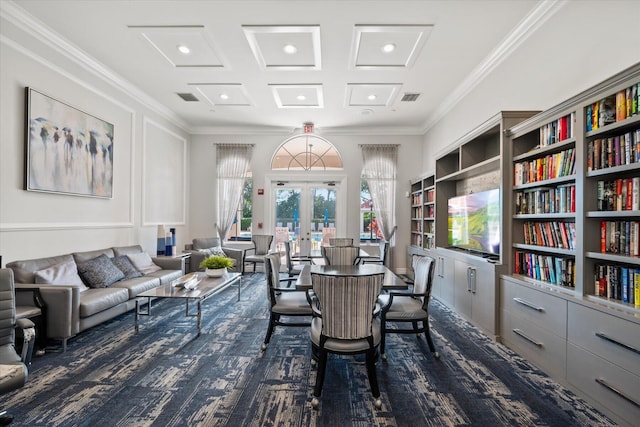 dining area with beam ceiling, french doors, coffered ceiling, and ornamental molding