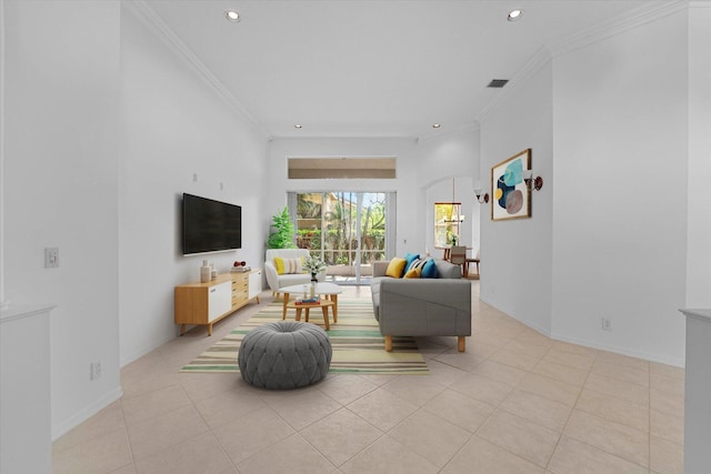 tiled living room with ornamental molding