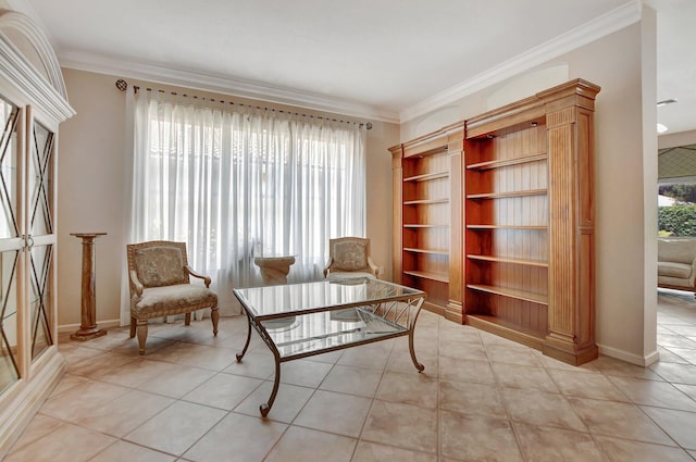 living area featuring ornamental molding, light tile patterned floors, and a healthy amount of sunlight