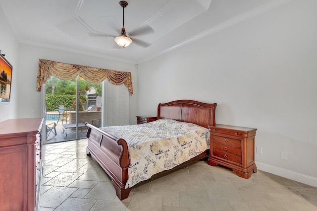 bedroom with access to outside, ceiling fan, and crown molding