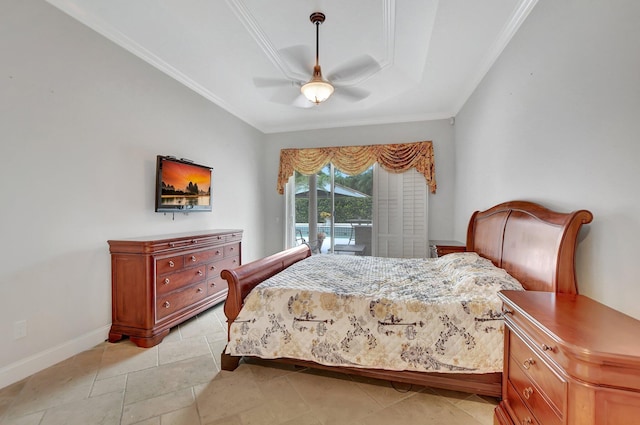 bedroom with ceiling fan and crown molding