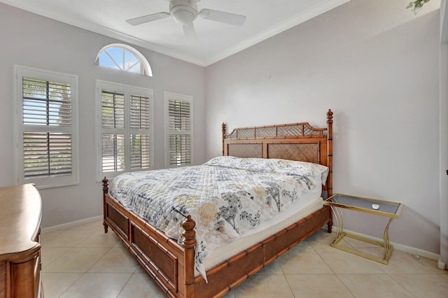 tiled bedroom featuring ceiling fan, crown molding, and multiple windows