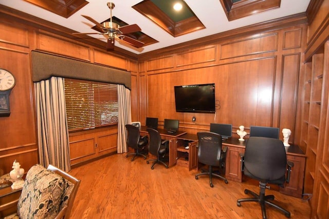 home office with beam ceiling, ceiling fan, coffered ceiling, wood walls, and light wood-type flooring