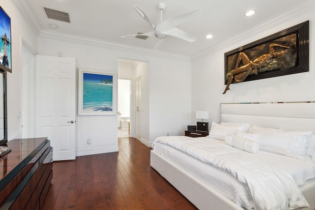 bedroom with ceiling fan, ornamental molding, and dark hardwood / wood-style floors