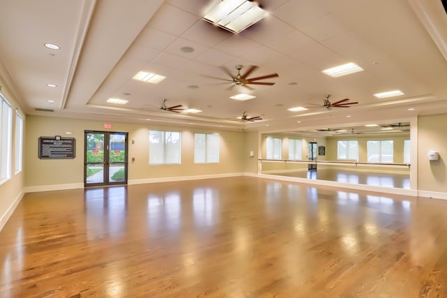 exercise area with wood-type flooring and a raised ceiling