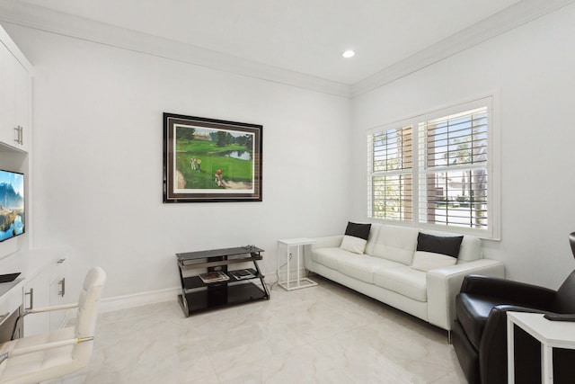 living room with crown molding