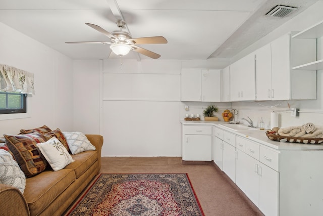 living room featuring ceiling fan and sink