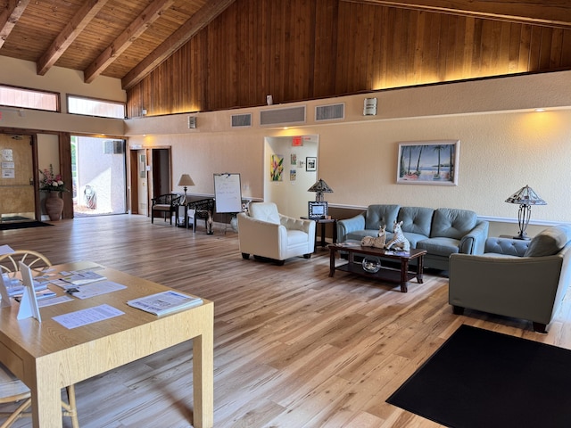 living room with hardwood / wood-style flooring, wooden ceiling, beamed ceiling, and high vaulted ceiling