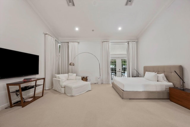 bedroom with carpet flooring, french doors, access to outside, and ornamental molding