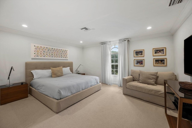 carpeted bedroom with ornamental molding