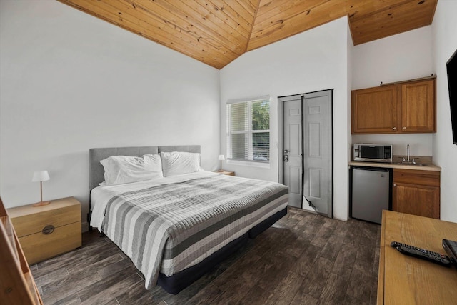 bedroom featuring sink, wood ceiling, dark wood-type flooring, and high vaulted ceiling