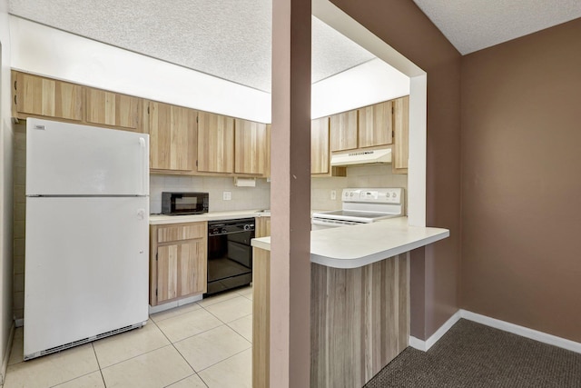 kitchen featuring light tile floors, black appliances, tasteful backsplash, and light brown cabinetry