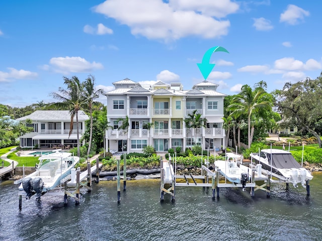 view of dock featuring a balcony and a water view