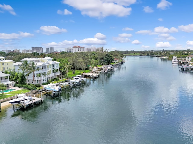 view of water feature with a boat dock