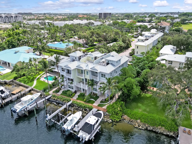 drone / aerial view with a water view